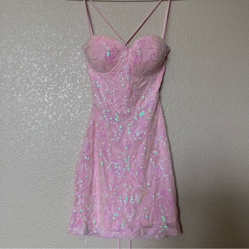 Pink Sequin Dress with Lace Up Detail